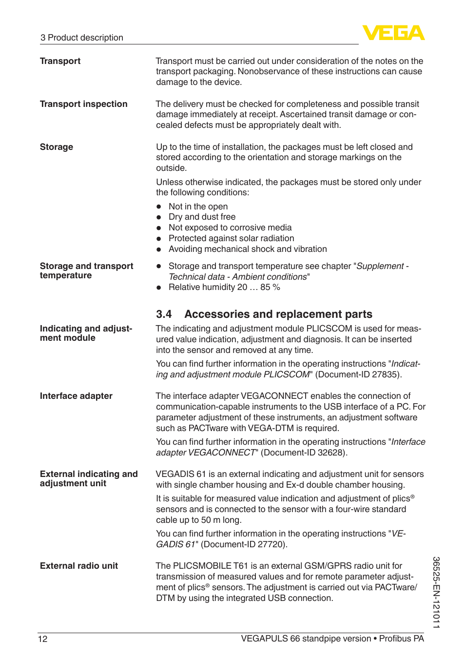 4 accessories and replacement parts | VEGA VEGAPULS 66 (≥ 2.0.0 - ≥ 4.0.0) standpipe ver. Profibus PA User Manual | Page 12 / 64