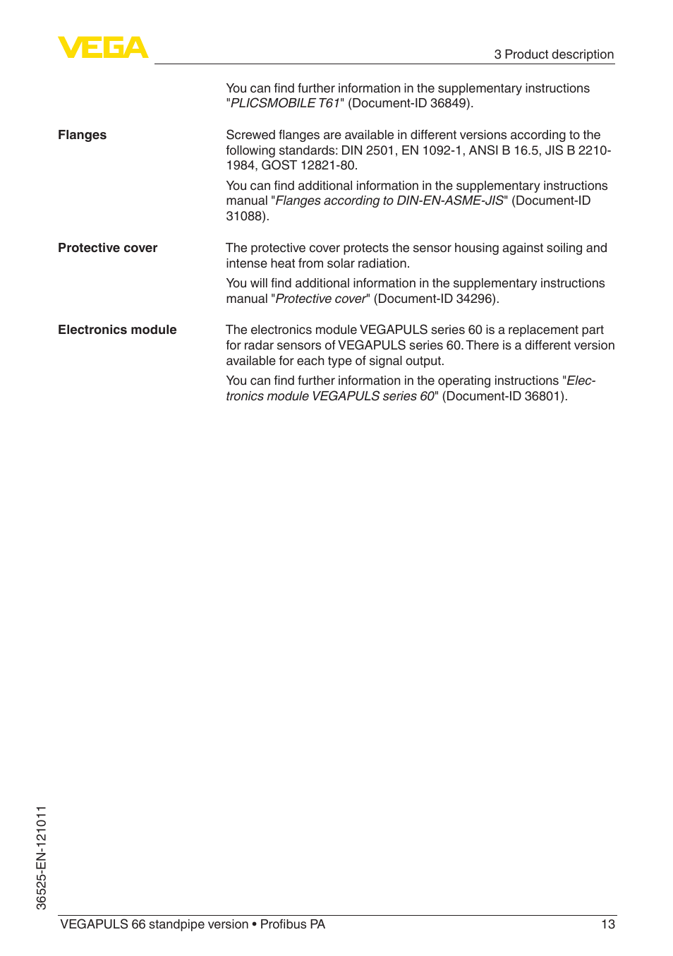 VEGA VEGAPULS 66 (≥ 2.0.0 - ≥ 4.0.0) standpipe ver. Profibus PA User Manual | Page 13 / 64