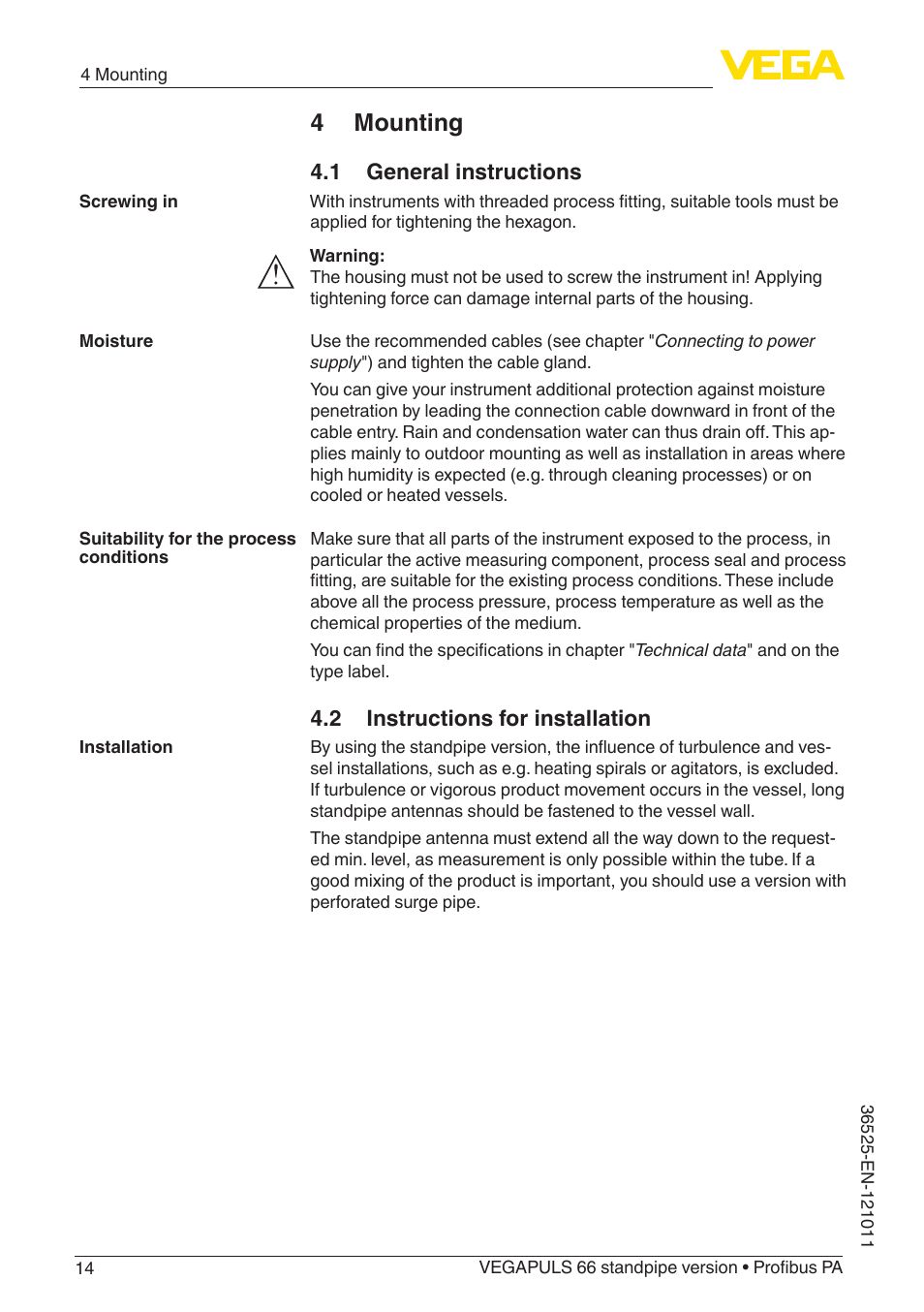 4 mounting, 1 general instructions, 2 instructions for installation | VEGA VEGAPULS 66 (≥ 2.0.0 - ≥ 4.0.0) standpipe ver. Profibus PA User Manual | Page 14 / 64