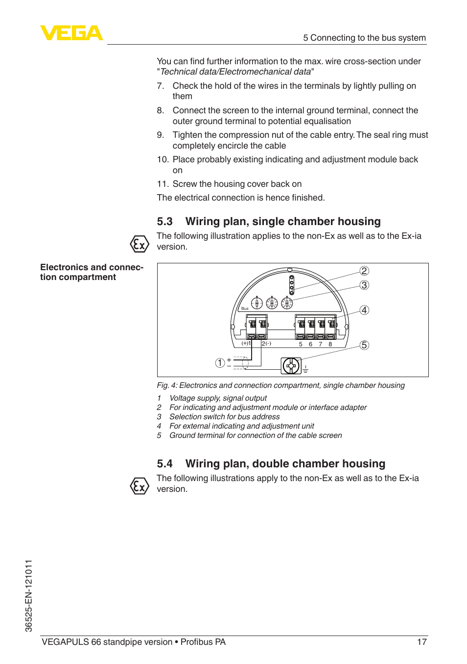 3 wiring plan, single chamber housing, 4 wiring plan, double chamber housing | VEGA VEGAPULS 66 (≥ 2.0.0 - ≥ 4.0.0) standpipe ver. Profibus PA User Manual | Page 17 / 64