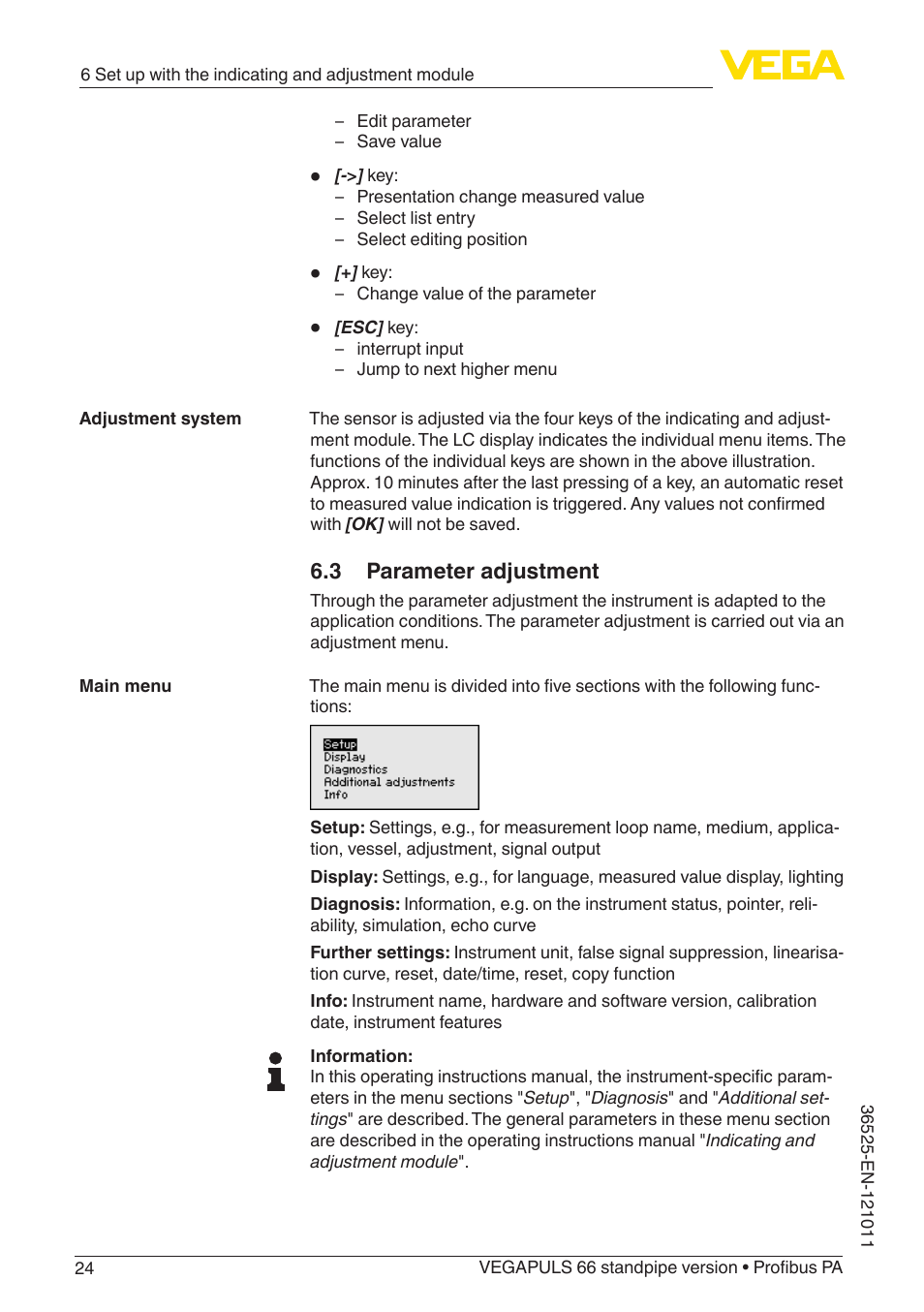 3 parameter adjustment | VEGA VEGAPULS 66 (≥ 2.0.0 - ≥ 4.0.0) standpipe ver. Profibus PA User Manual | Page 24 / 64