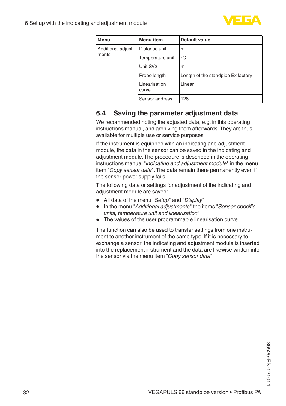 4 saving the parameter adjustment data | VEGA VEGAPULS 66 (≥ 2.0.0 - ≥ 4.0.0) standpipe ver. Profibus PA User Manual | Page 32 / 64