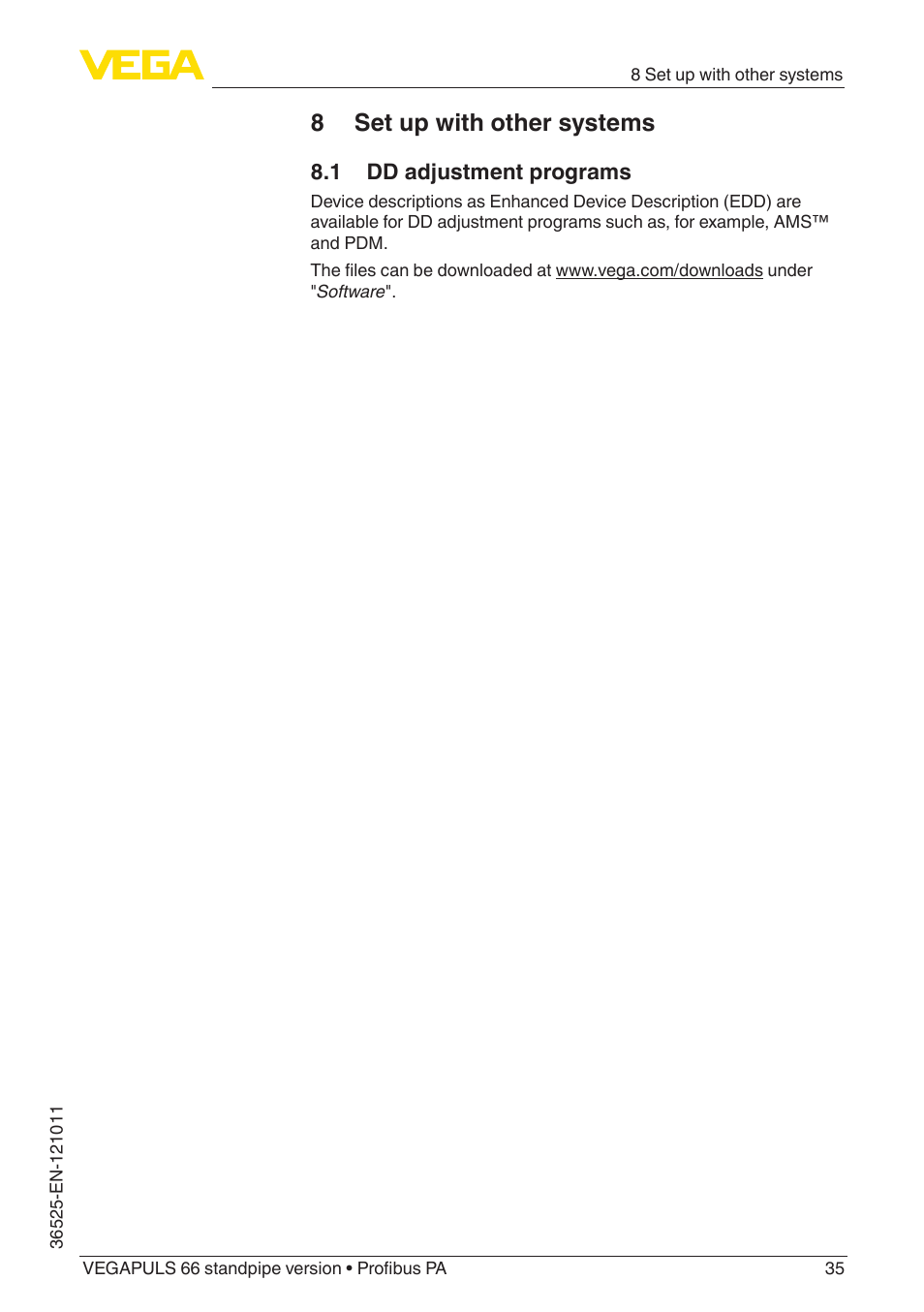 8 set up with other systems, 1 dd adjustment programs | VEGA VEGAPULS 66 (≥ 2.0.0 - ≥ 4.0.0) standpipe ver. Profibus PA User Manual | Page 35 / 64