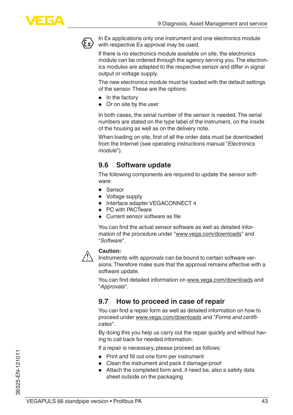 6 software update, 7 how to proceed in case of repair | VEGA VEGAPULS 66 (≥ 2.0.0 - ≥ 4.0.0) standpipe ver. Profibus PA User Manual | Page 43 / 64