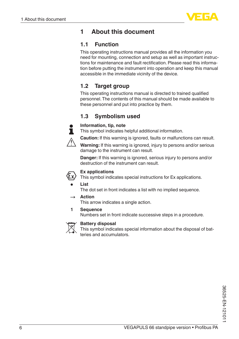 1 about this document, 1 function, 2 target group | 3 symbolism used | VEGA VEGAPULS 66 (≥ 2.0.0 - ≥ 4.0.0) standpipe ver. Profibus PA User Manual | Page 6 / 64