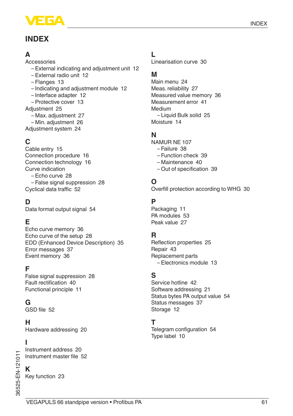 Index | VEGA VEGAPULS 66 (≥ 2.0.0 - ≥ 4.0.0) standpipe ver. Profibus PA User Manual | Page 61 / 64