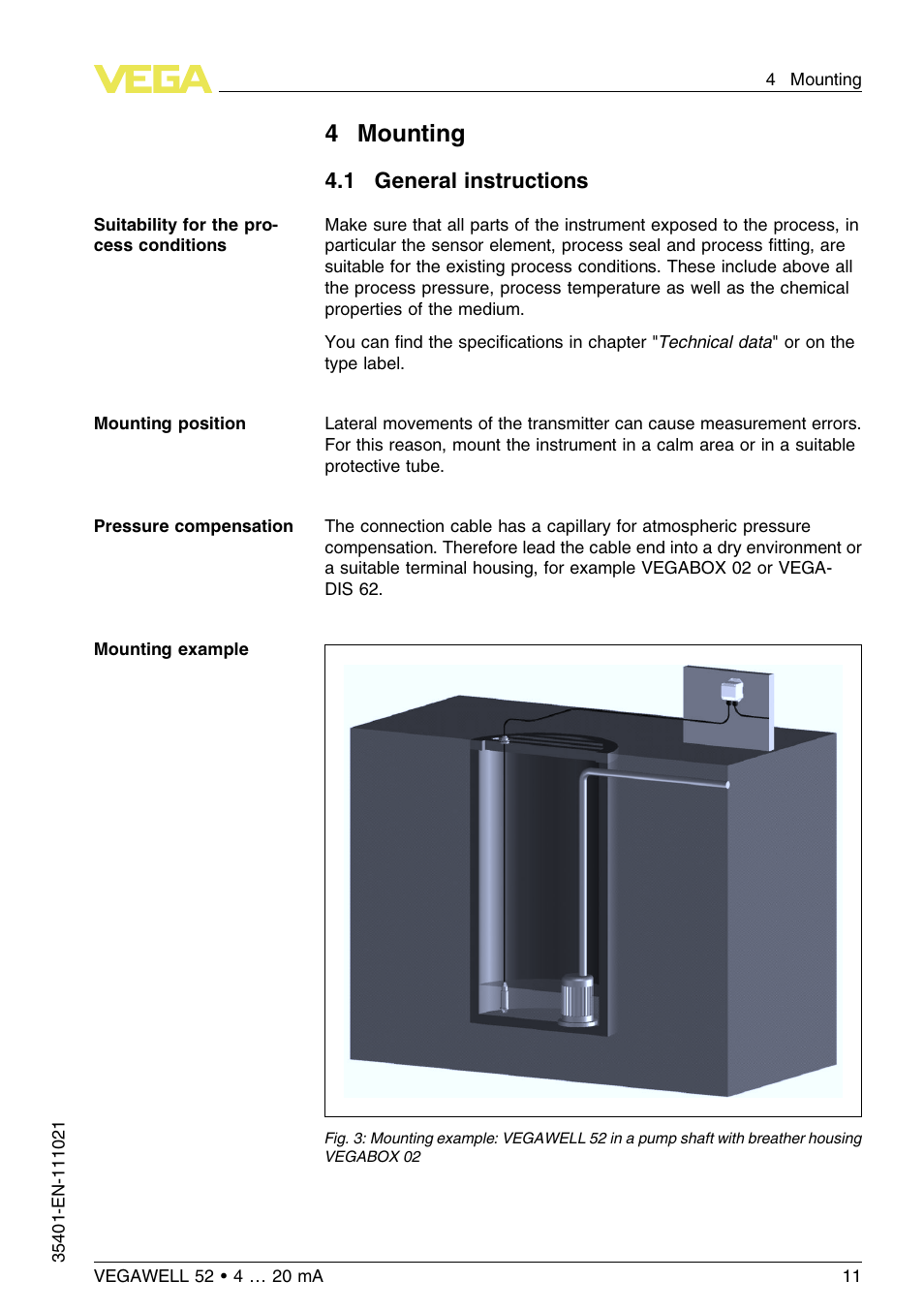 4 mounting, 1 general instructions, 4mounting | VEGA VEGAWELL 52 4 … 20 mA User Manual | Page 11 / 40