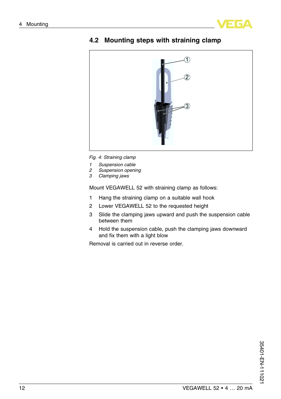 2 mounting steps with straining clamp | VEGA VEGAWELL 52 4 … 20 mA User Manual | Page 12 / 40