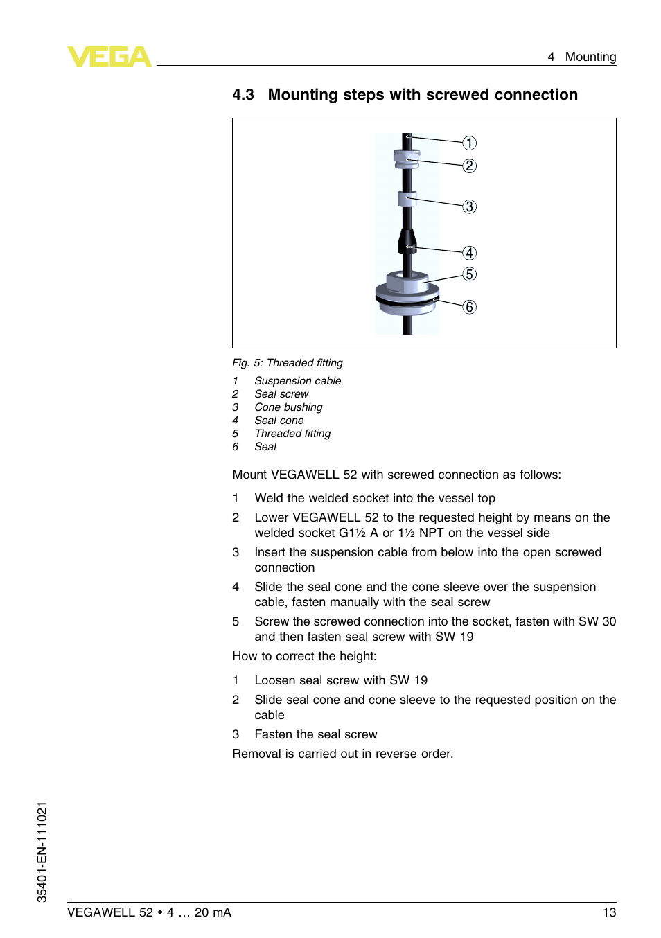 3 mounting steps with screwed connection | VEGA VEGAWELL 52 4 … 20 mA User Manual | Page 13 / 40