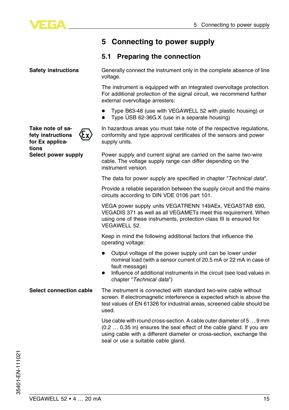 5 connecting to power supply, 1 preparing the connection, 5connecting to power supply | VEGA VEGAWELL 52 4 … 20 mA User Manual | Page 15 / 40