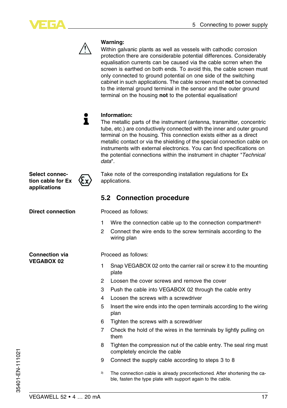 2 connection procedure | VEGA VEGAWELL 52 4 … 20 mA User Manual | Page 17 / 40