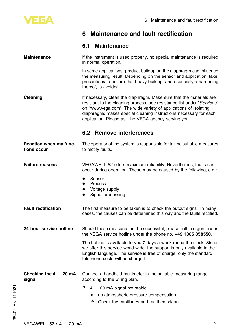 6 maintenance and fault rectification, 1 maintenance, 2 remove interferences | 6maintenance and fault rectiﬁcation | VEGA VEGAWELL 52 4 … 20 mA User Manual | Page 21 / 40