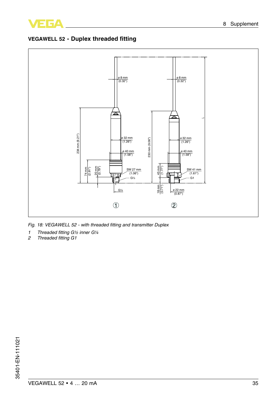 Duplex threaded ﬁtting, Vegawell 52 | VEGA VEGAWELL 52 4 … 20 mA User Manual | Page 35 / 40