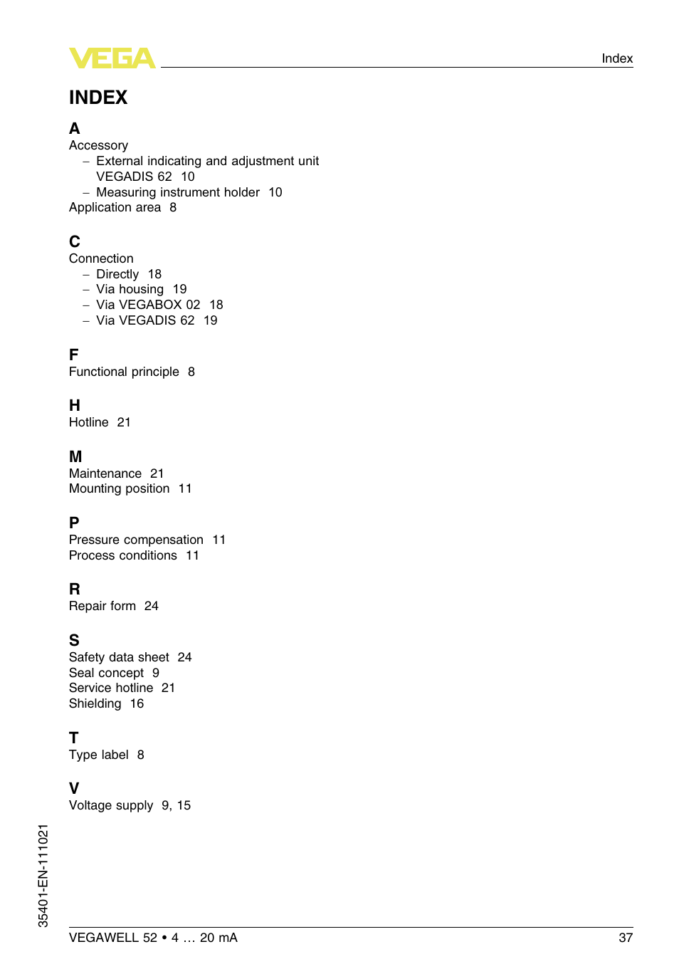 Index | VEGA VEGAWELL 52 4 … 20 mA User Manual | Page 37 / 40