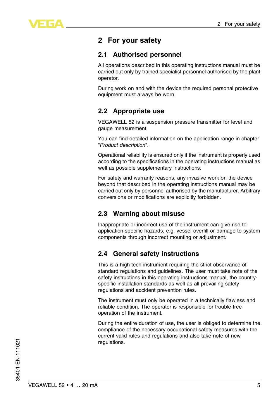 2 for your safety, 1 authorised personnel, 2 appropriate use | 3 warning about misuse, 4 general safety instructions, 2for your safety | VEGA VEGAWELL 52 4 … 20 mA User Manual | Page 5 / 40