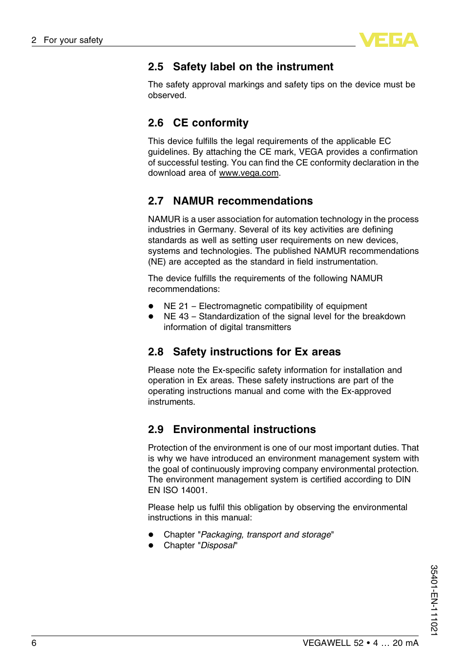 5 safety label on the instrument, 6 ce conformity, 7 namur recommendations | 8 safety instructions for ex areas, 9 environmental instructions | VEGA VEGAWELL 52 4 … 20 mA User Manual | Page 6 / 40
