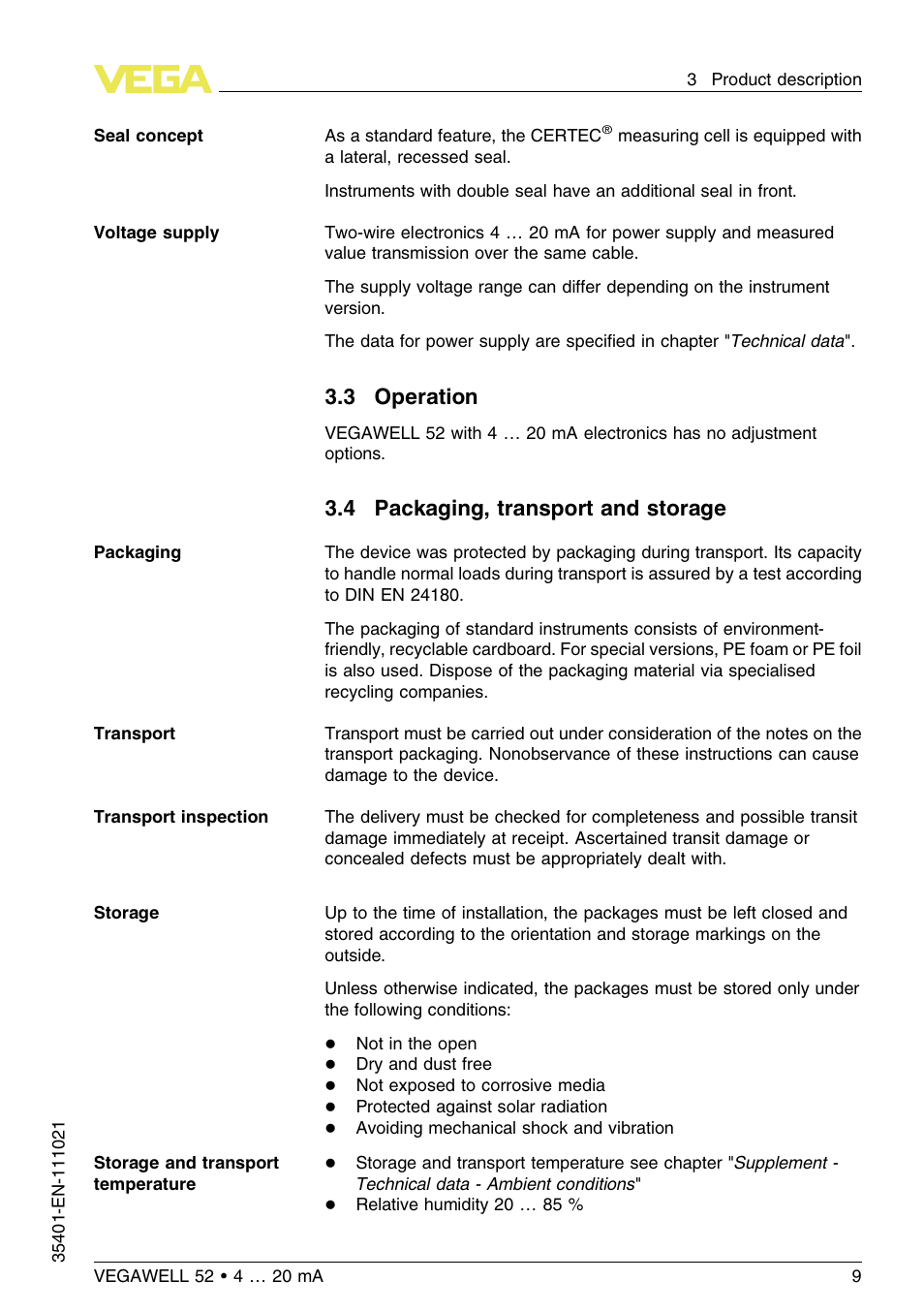 3 operation, 4 packaging, transport and storage | VEGA VEGAWELL 52 4 … 20 mA User Manual | Page 9 / 40