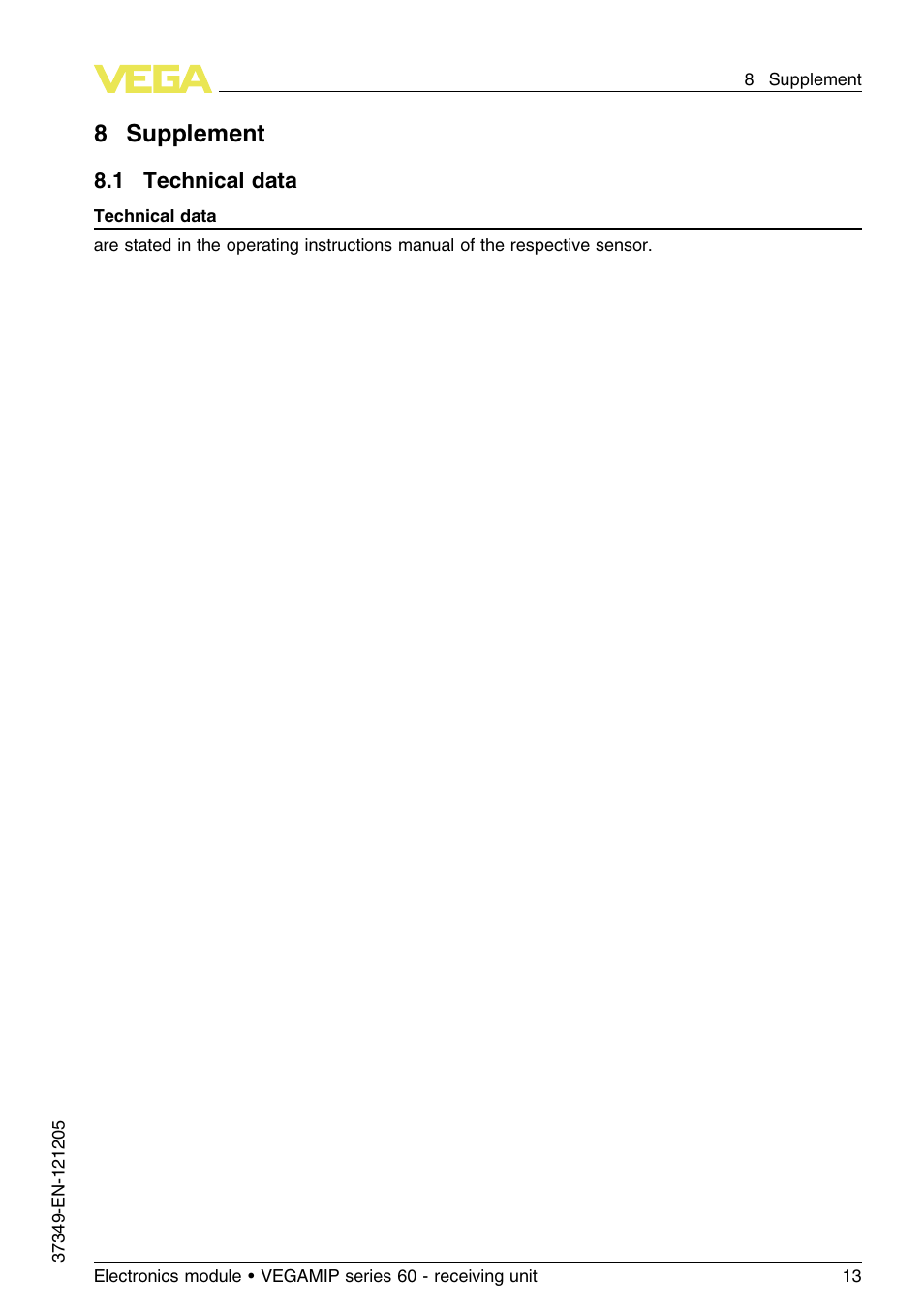 8 supplement, 1 technical data, 8supplement | VEGA VEGAMIP series 60 - receiving unit User Manual | Page 13 / 16