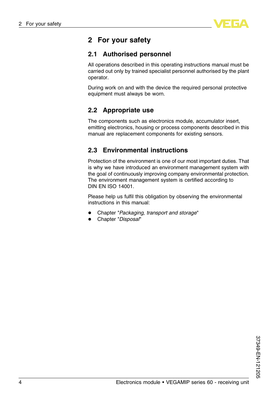 2 for your safety, 1 authorised personnel, 2 appropriate use | 3 environmental instructions, 2for your safety | VEGA VEGAMIP series 60 - receiving unit User Manual | Page 4 / 16