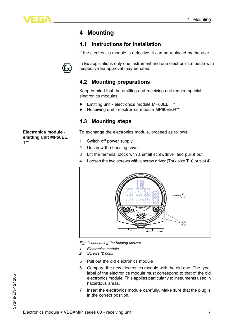 4 mounting, 1 instructions for installation, 2 mounting preparations | 3 mounting steps, 4mounting | VEGA VEGAMIP series 60 - receiving unit User Manual | Page 7 / 16