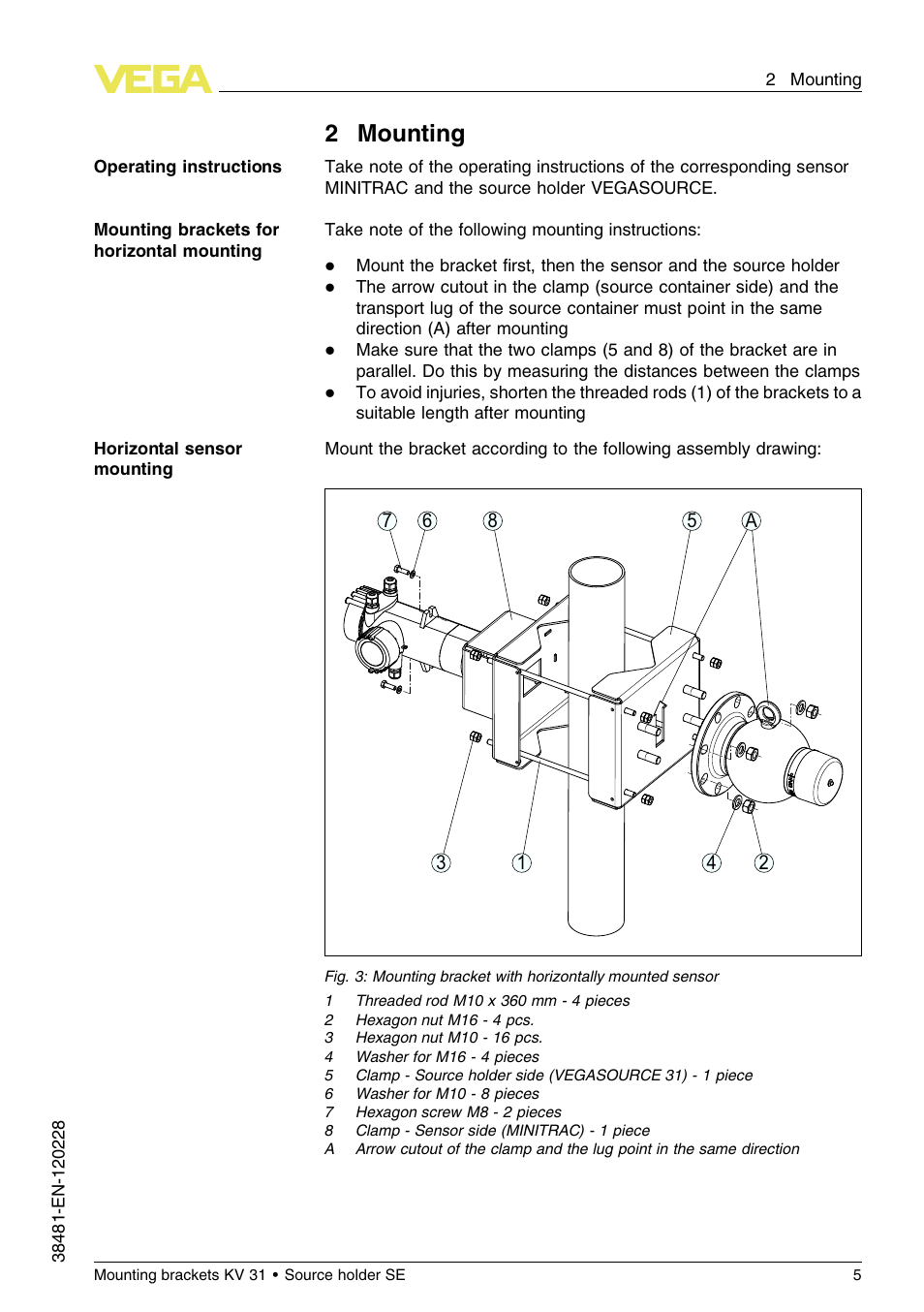 2 mounting, 2mounting | VEGA KV 31 Mounting brackets For tubes with ø 50…200 mm (Horizontal sensor mounting) User Manual | Page 5 / 12