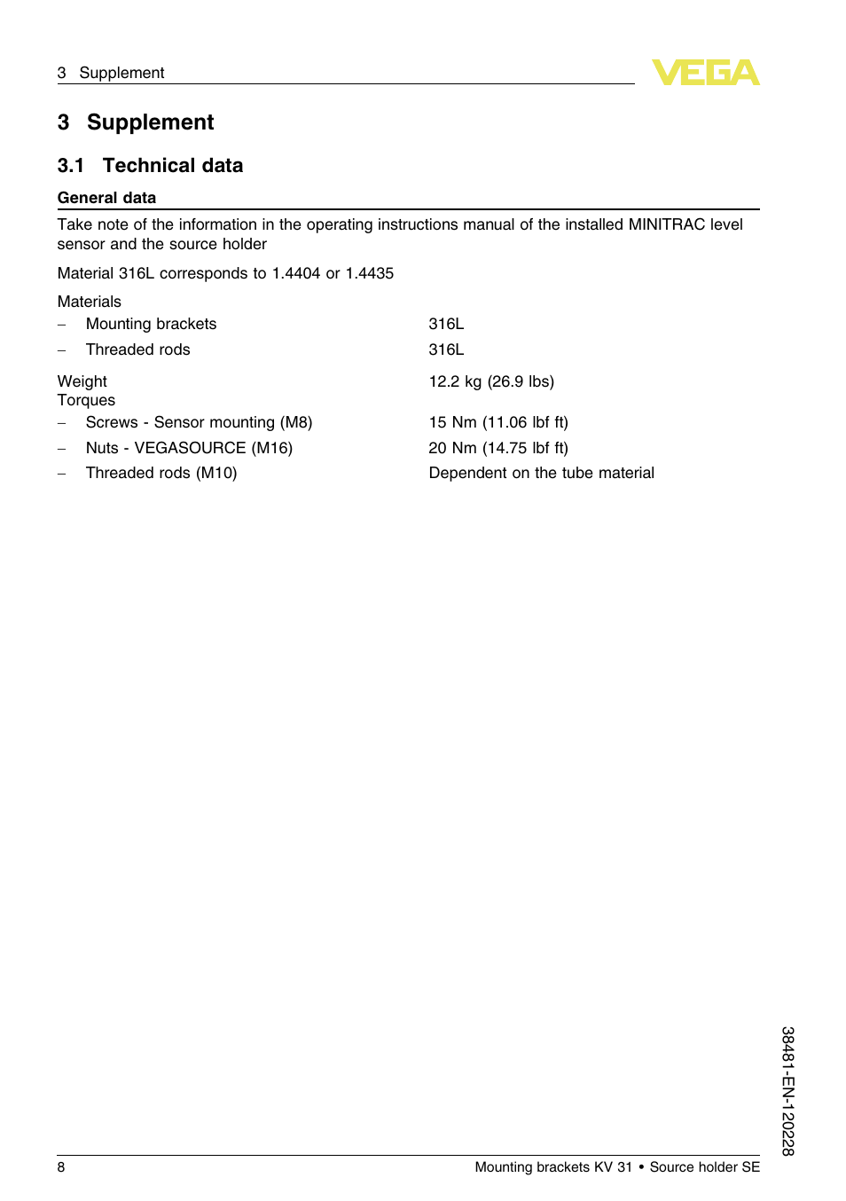 3 supplement, 1 technical data, 3supplement | VEGA KV 31 Mounting brackets For tubes with ø 50…200 mm (Horizontal sensor mounting) User Manual | Page 8 / 12
