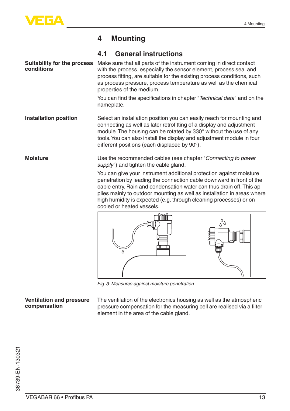 4 mounting, 1 general instructions | VEGA VEGABAR 66 Profibus PA User Manual | Page 13 / 76