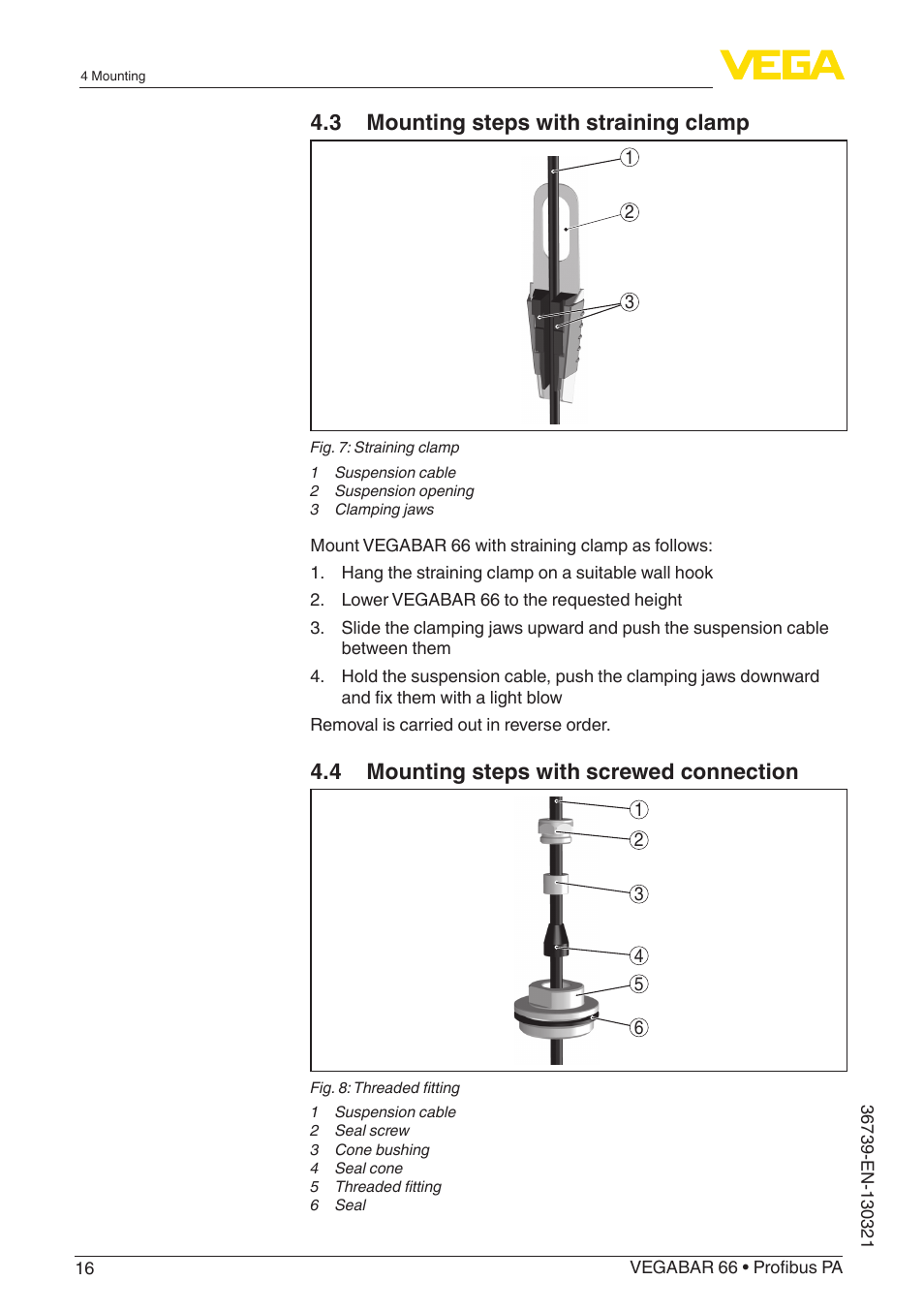 3 mounting steps with straining clamp, 4 mounting steps with screwed connection | VEGA VEGABAR 66 Profibus PA User Manual | Page 16 / 76