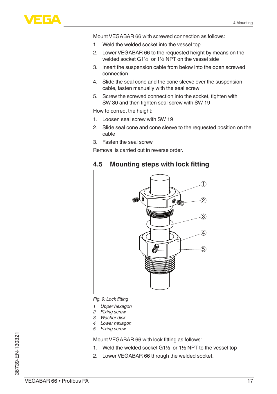 5 mounting steps with lock fitting | VEGA VEGABAR 66 Profibus PA User Manual | Page 17 / 76