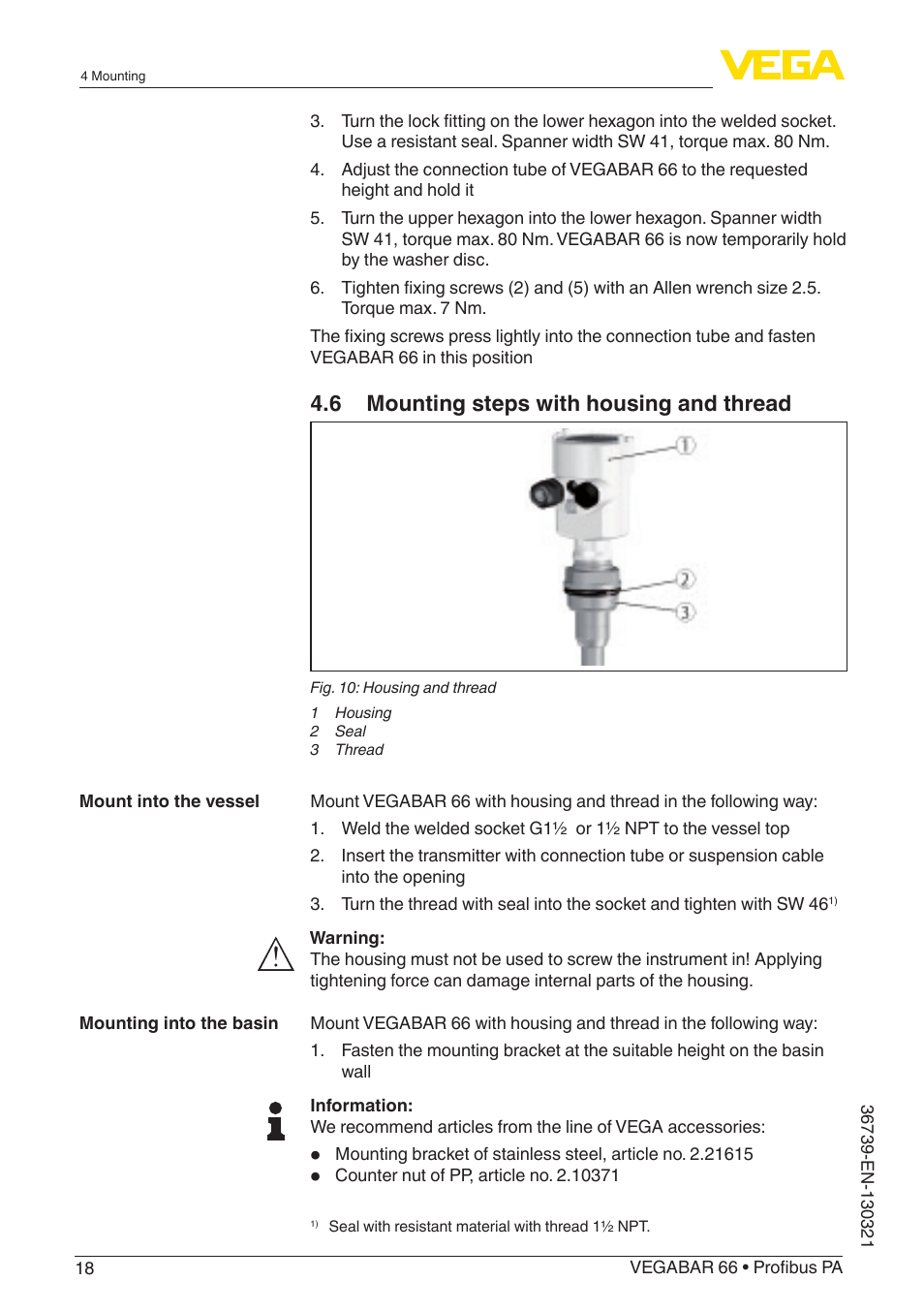 6 mounting steps with housing and thread | VEGA VEGABAR 66 Profibus PA User Manual | Page 18 / 76