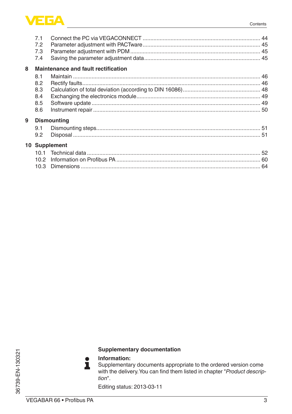 VEGA VEGABAR 66 Profibus PA User Manual | Page 3 / 76