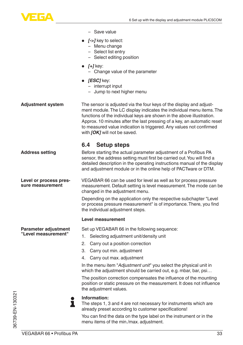 4 setup steps | VEGA VEGABAR 66 Profibus PA User Manual | Page 33 / 76