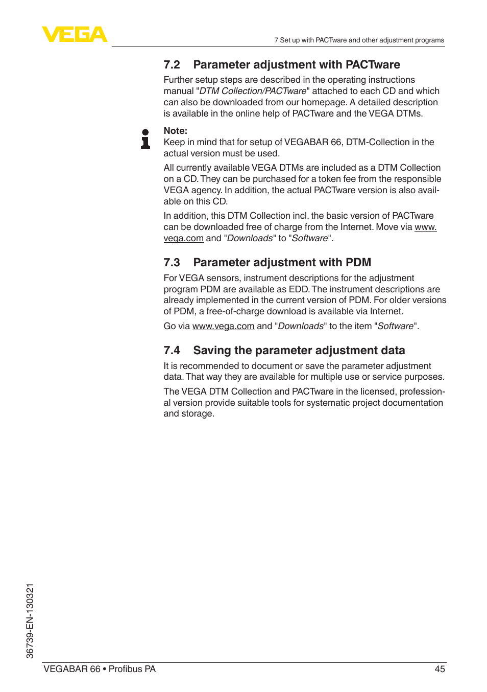 2 parameter adjustment with pactware, 3 parameter adjustment with pdm, 4 saving the parameter adjustment data | VEGA VEGABAR 66 Profibus PA User Manual | Page 45 / 76