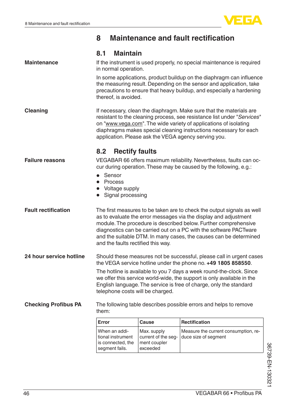 8 maintenance and fault rectification, 1 maintain, 2 rectify faults | VEGA VEGABAR 66 Profibus PA User Manual | Page 46 / 76