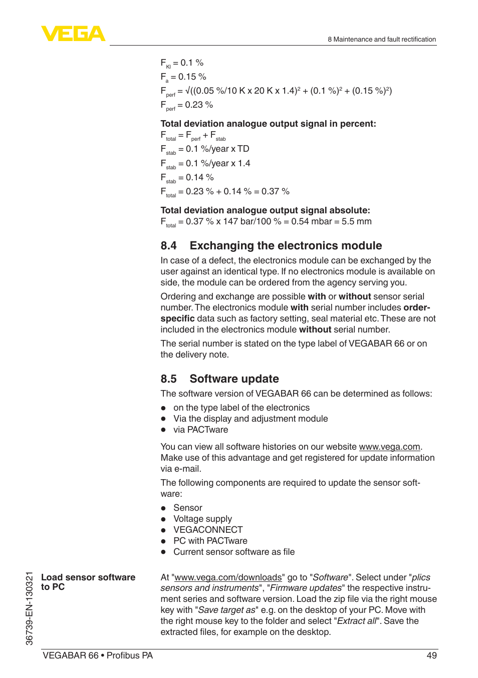 4 exchanging the electronics module, 5 software update | VEGA VEGABAR 66 Profibus PA User Manual | Page 49 / 76