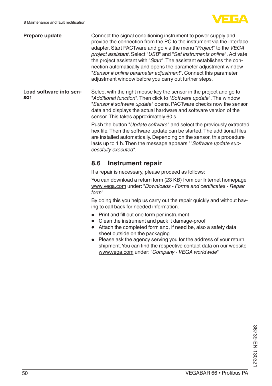 VEGA VEGABAR 66 Profibus PA User Manual | Page 50 / 76