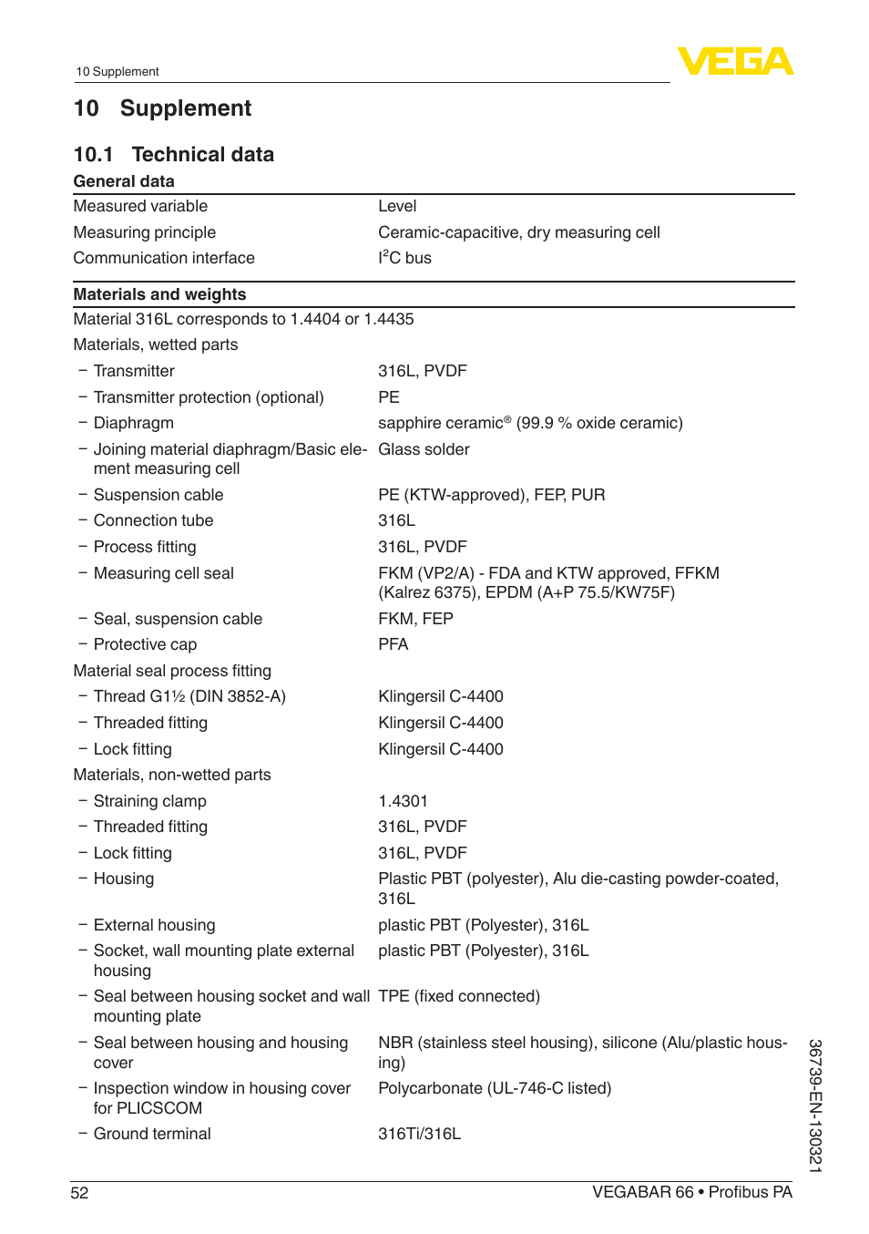 10 supplement, 1 technical data | VEGA VEGABAR 66 Profibus PA User Manual | Page 52 / 76