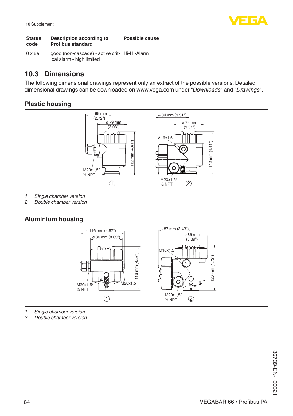 3 dimensions, Plastic housing, Aluminium housing | VEGA VEGABAR 66 Profibus PA User Manual | Page 64 / 76