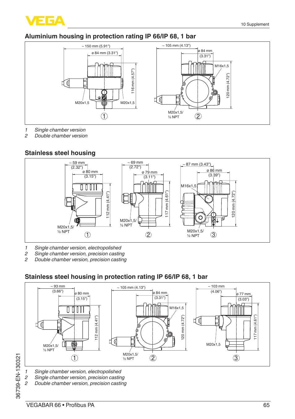 Stainless steel housing | VEGA VEGABAR 66 Profibus PA User Manual | Page 65 / 76