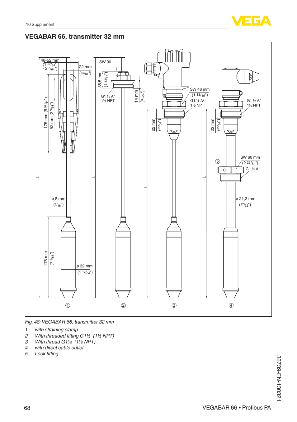 Vegabar 66, transmitter 32 mm | VEGA VEGABAR 66 Profibus PA User Manual | Page 68 / 76