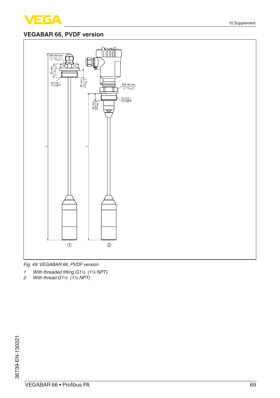 Vegabar 66, pvdf version | VEGA VEGABAR 66 Profibus PA User Manual | Page 69 / 76