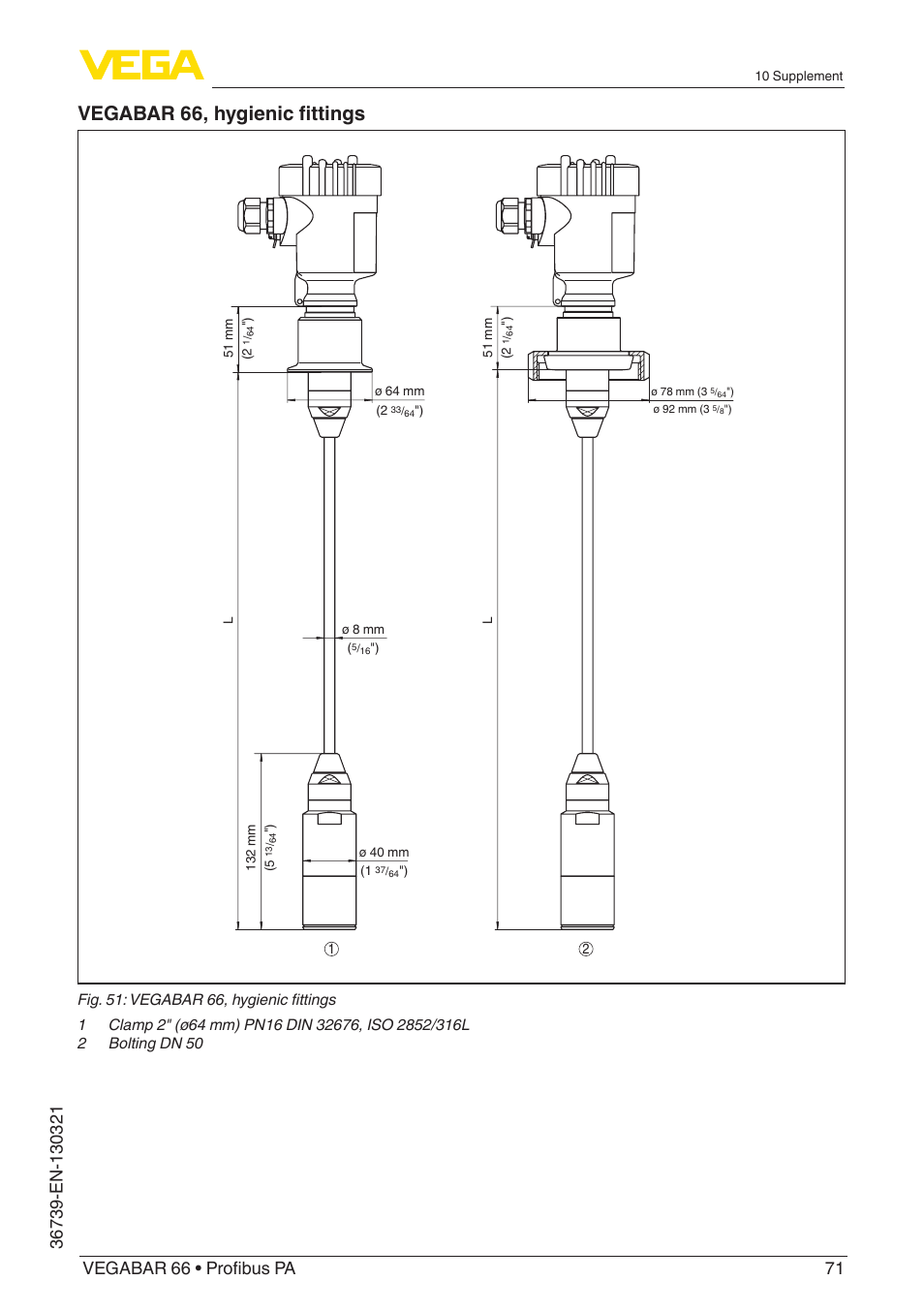Vegabar 66, hygienic fittings | VEGA VEGABAR 66 Profibus PA User Manual | Page 71 / 76