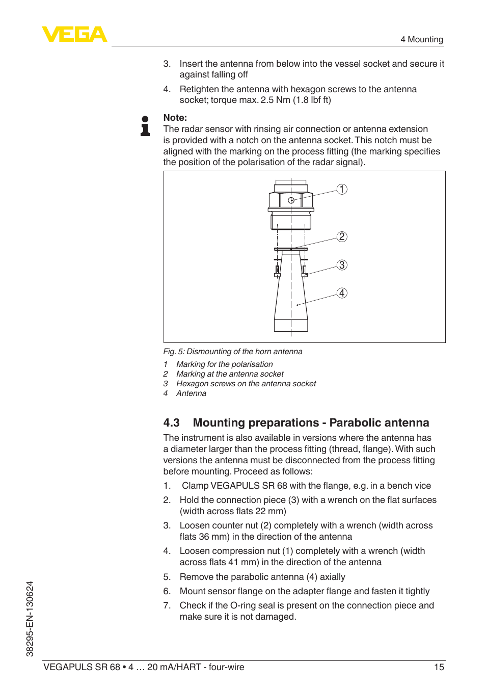 3 mounting preparations - parabolic antenna | VEGA VEGAPULS SR 68 4 … 20 mA_HART - four-wire User Manual | Page 15 / 80