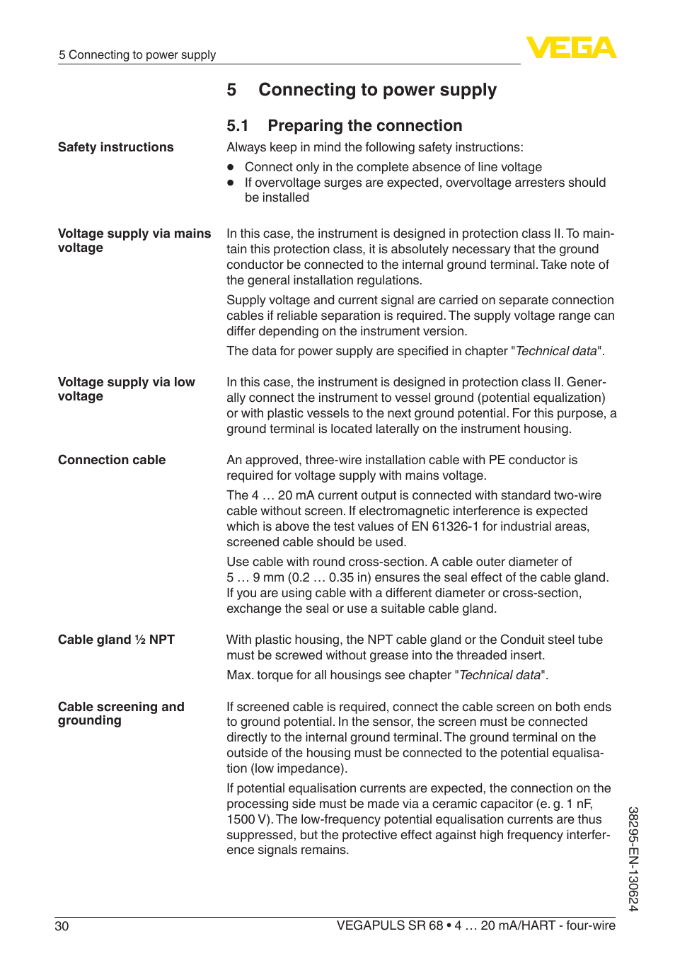 5 connecting to power supply, 1 preparing the connection | VEGA VEGAPULS SR 68 4 … 20 mA_HART - four-wire User Manual | Page 30 / 80