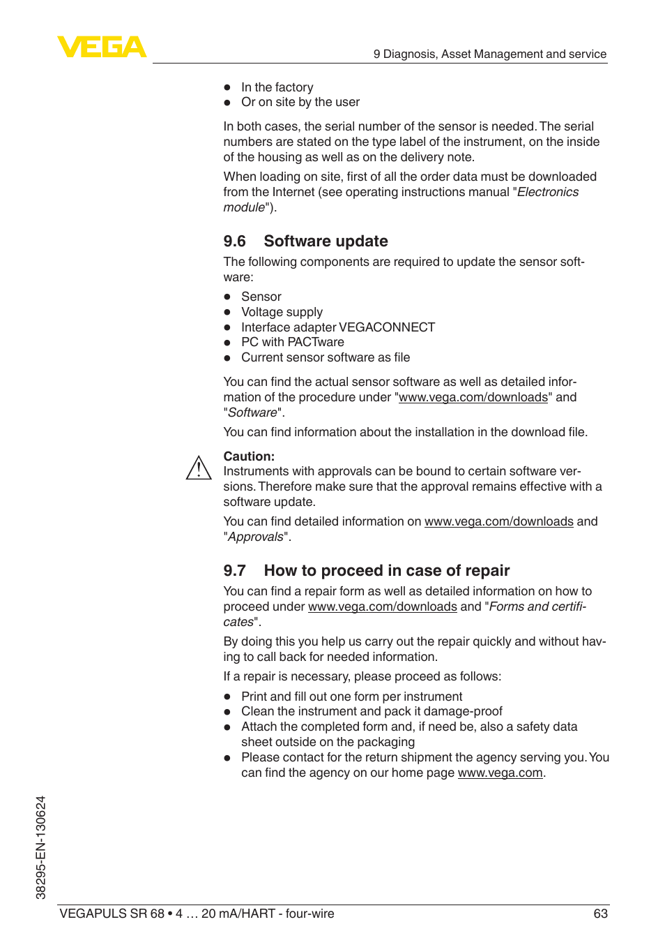 6 software update, 7 how to proceed in case of repair | VEGA VEGAPULS SR 68 4 … 20 mA_HART - four-wire User Manual | Page 63 / 80