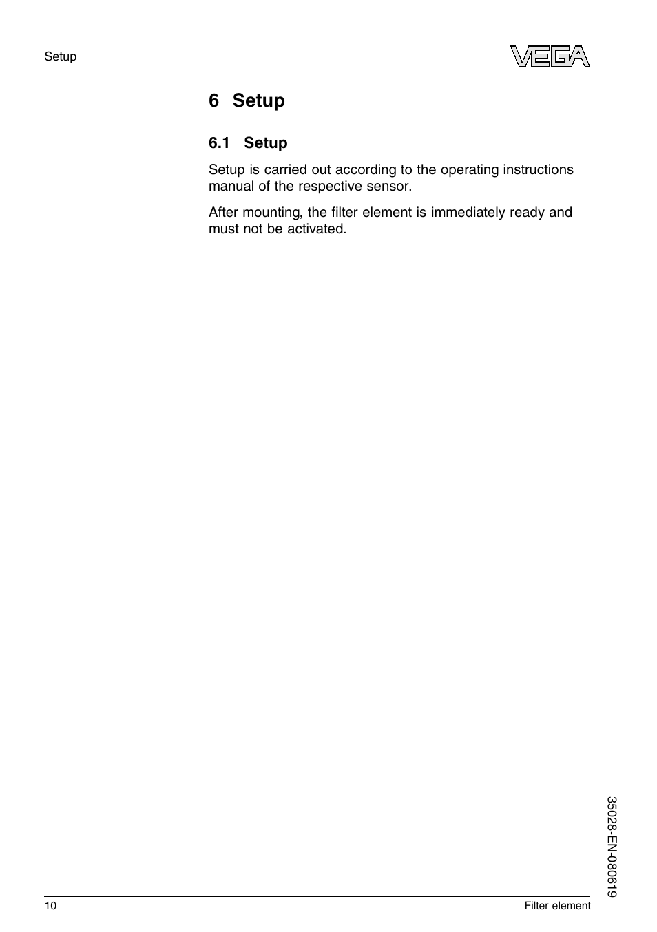 6 setup, 1 setup, 6 s etup | VEGA Filter element User Manual | Page 10 / 12