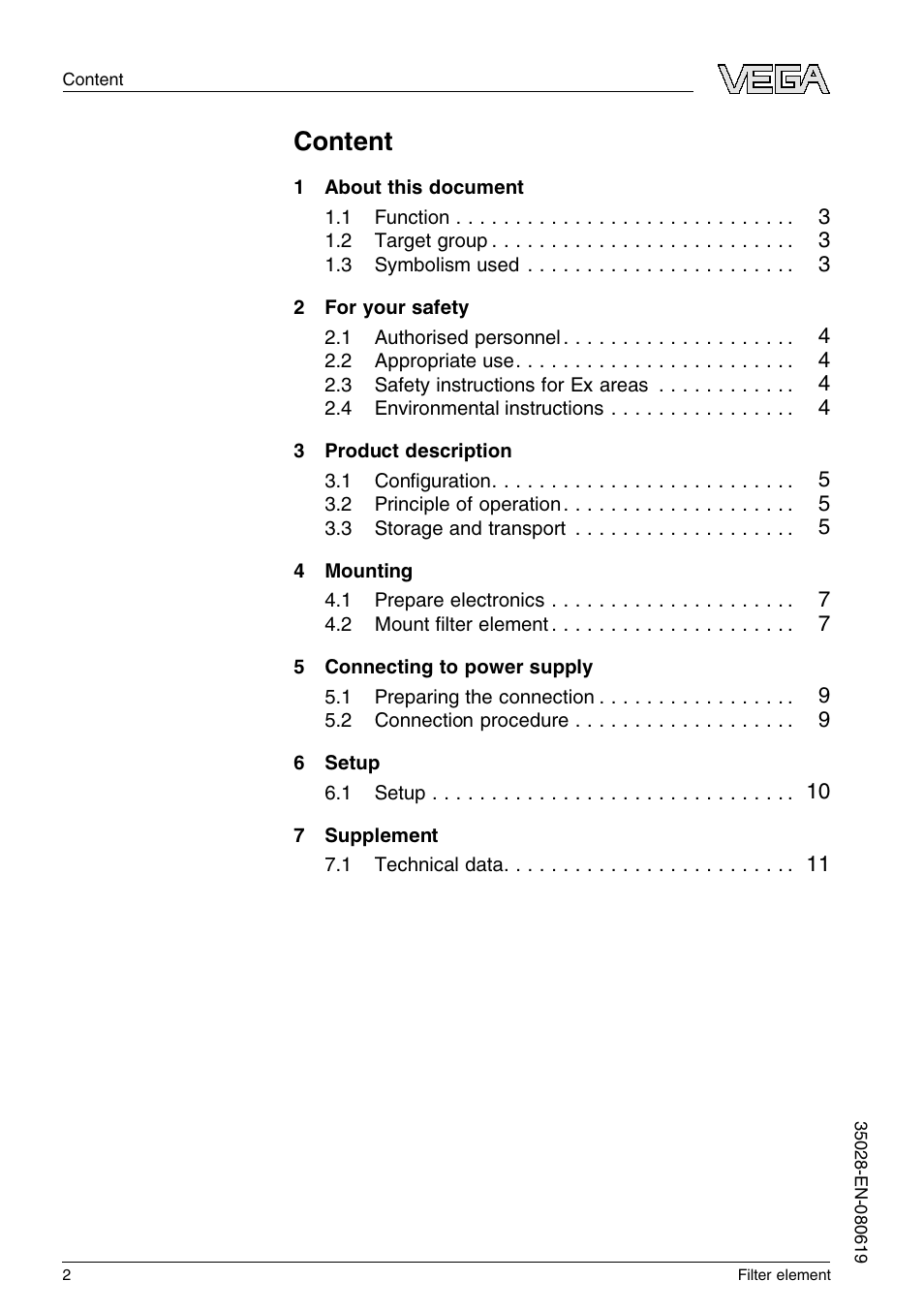 Content | VEGA Filter element User Manual | Page 2 / 12