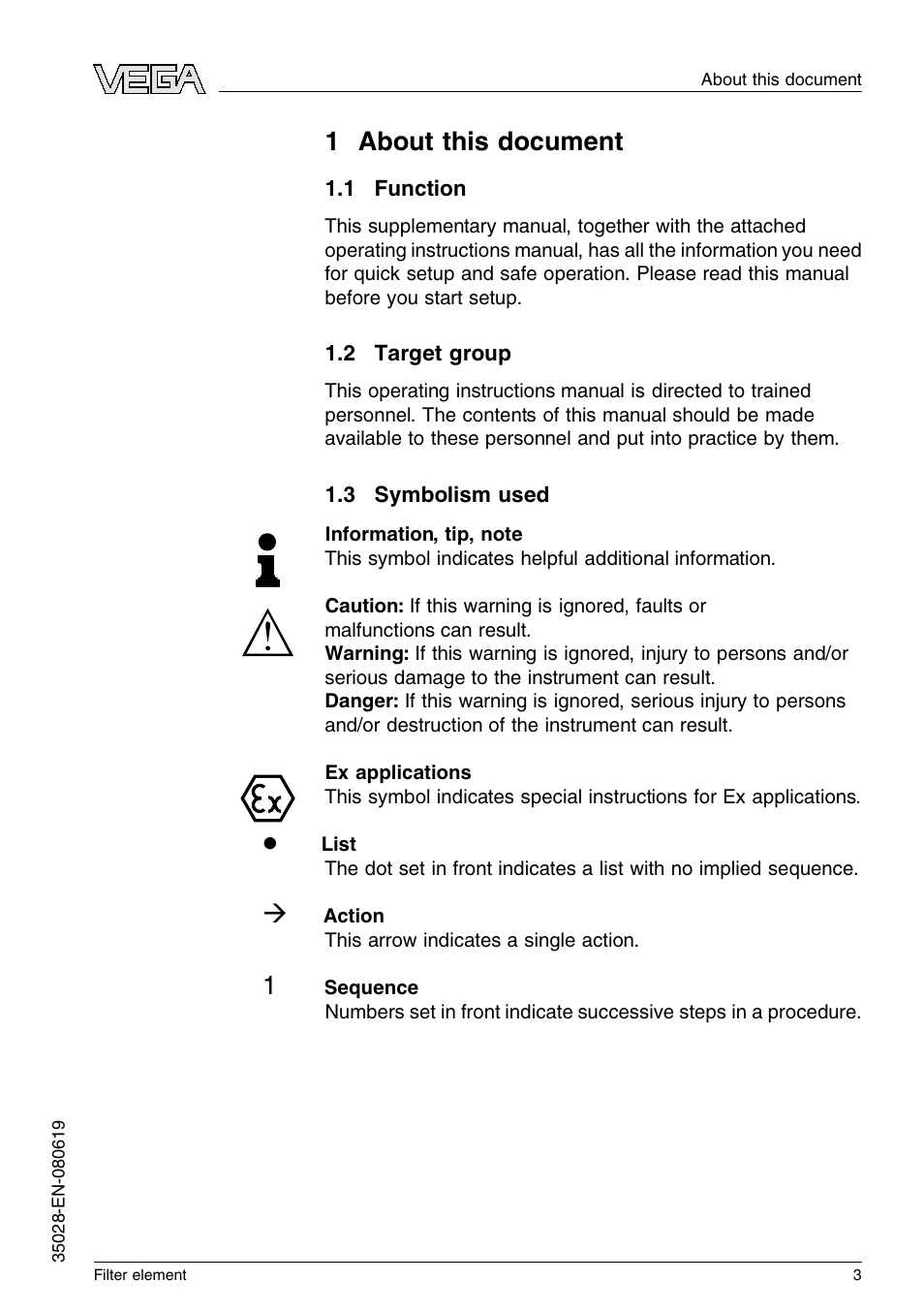 1 about this document, 1 function, 2 target group | 3 symbolism used, 1 a bout this document | VEGA Filter element User Manual | Page 3 / 12