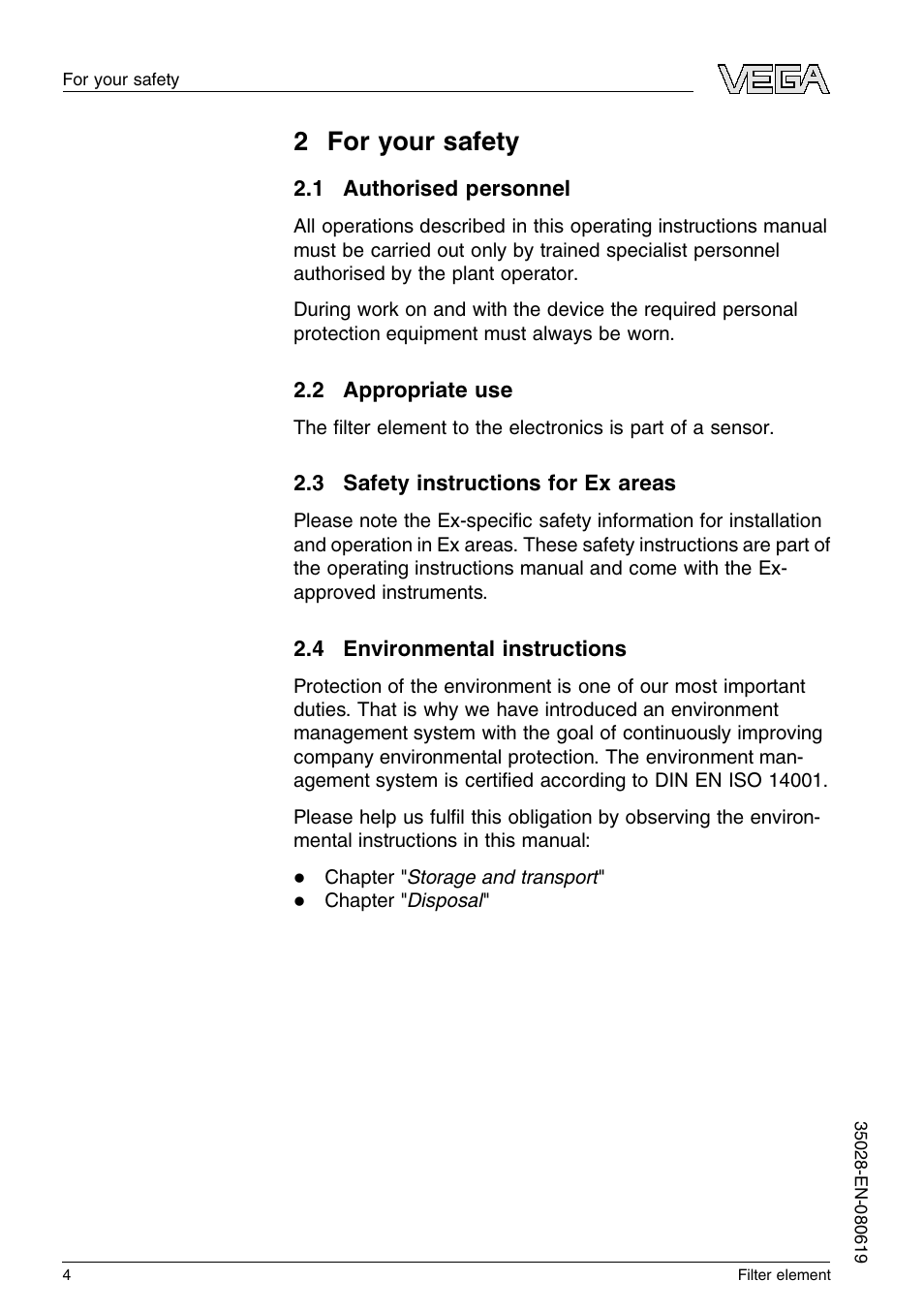 2 for your safety, 1 authorised personnel, 2 appropriate use | 3 safety instructions for ex areas, 4 environmental instructions, 2 f or your safety | VEGA Filter element User Manual | Page 4 / 12