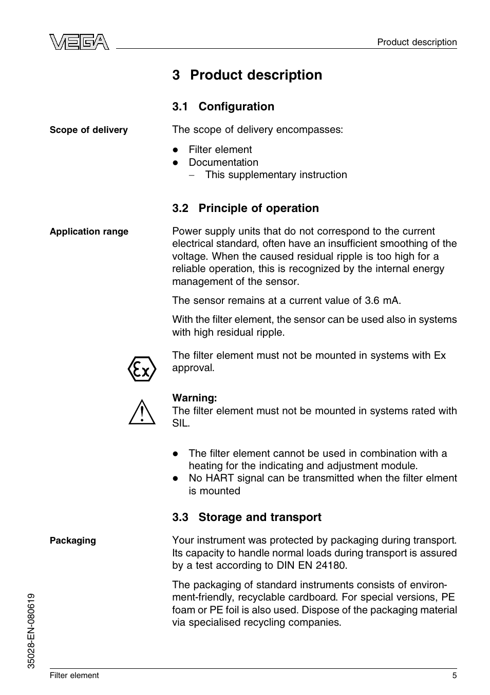 3 product description, 1 configuration, 2 principle of operation | 3 storage and transport, 3 p roduct description | VEGA Filter element User Manual | Page 5 / 12